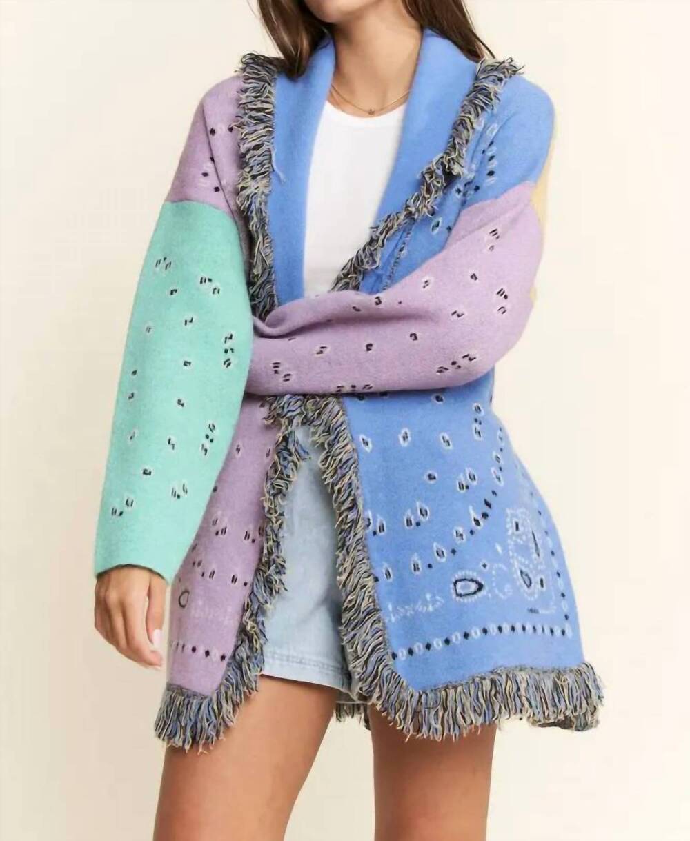 NEW JADE BY JANE women's paisley print contrast cardigan in blue
